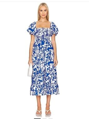 Show Me Your Mumu Afternoon Tea Dress - Blue & White Floral Printed Smocked Midi